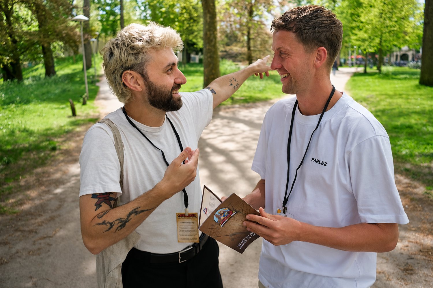 Stefan en Jimmy, lachend met de flyer tijdens een ontdekkingsreis