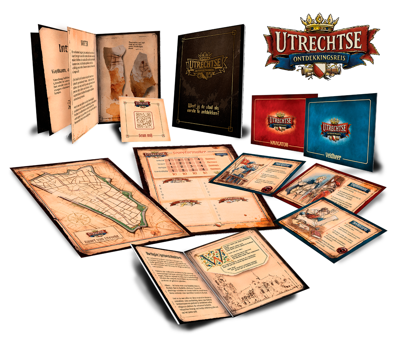 De complete spelset van de Utrechtse Ontdekkingsreis: verkennersboek, kaart van Utrecht, scoreformulier, rollenkaarten, envelop en meer
