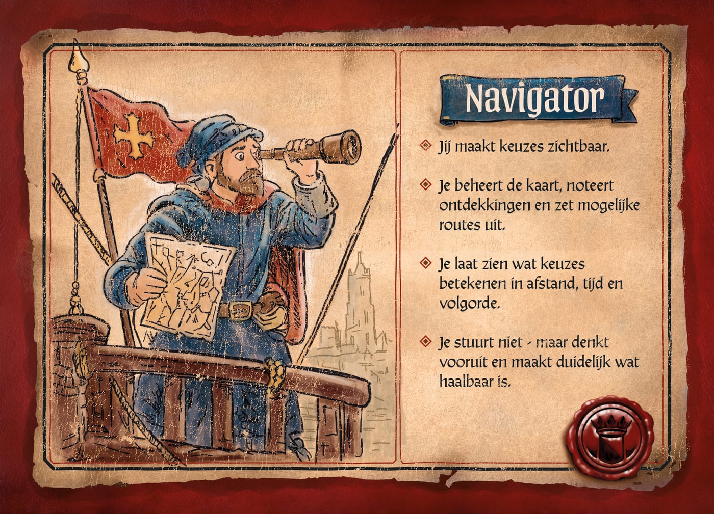 Rolkaart Navigator: jij beheert de kaart, noteert ontdekkingen en maakt zichtbaar wat keuzes betekenen voor afstand, tijd en volgorde.