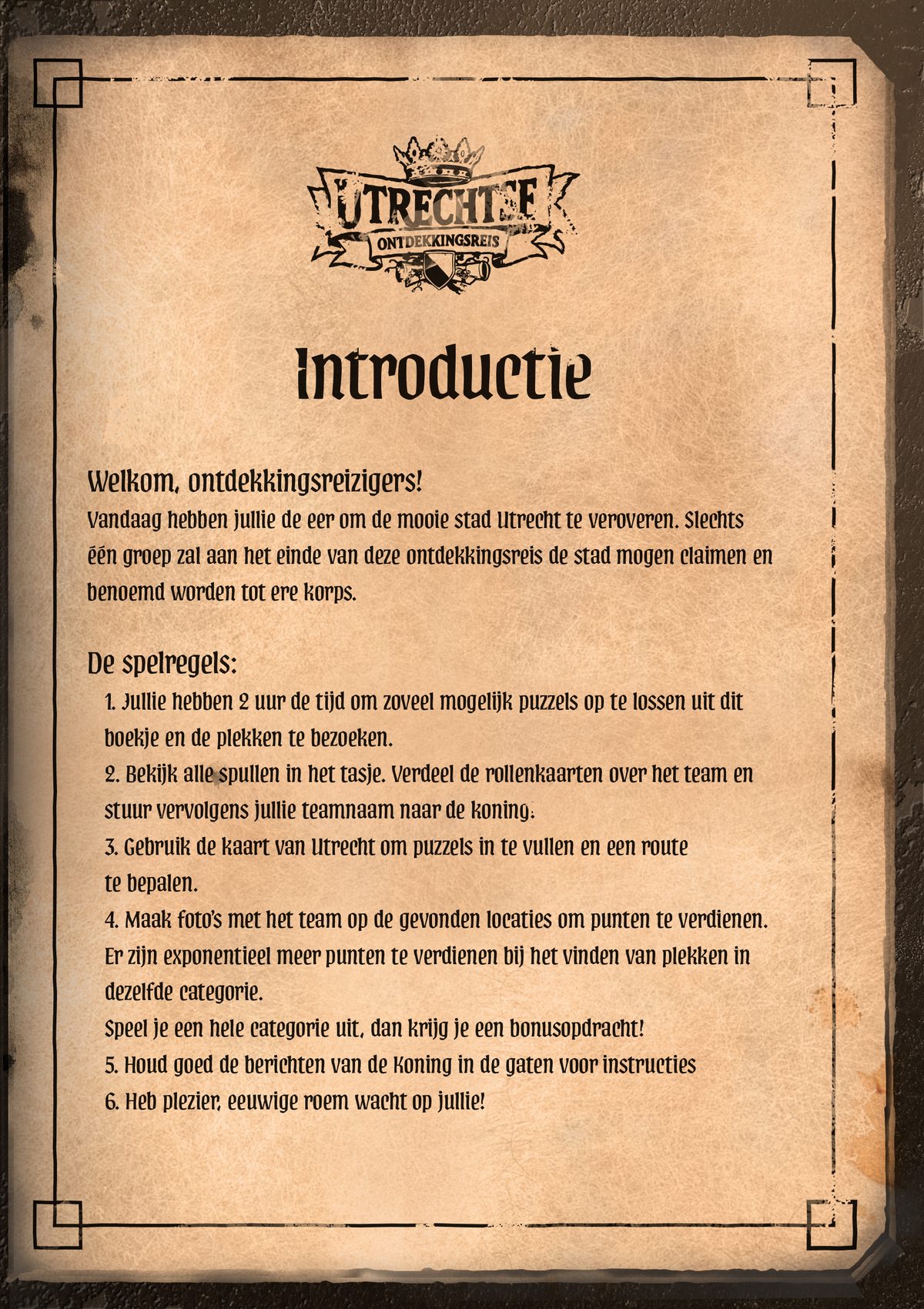 De introductiepagina van het verkennersboek met de spelregels